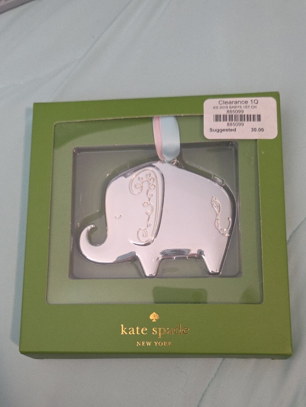 kate spade Silver Elephant Kids Ornament with Pastel Ribbon